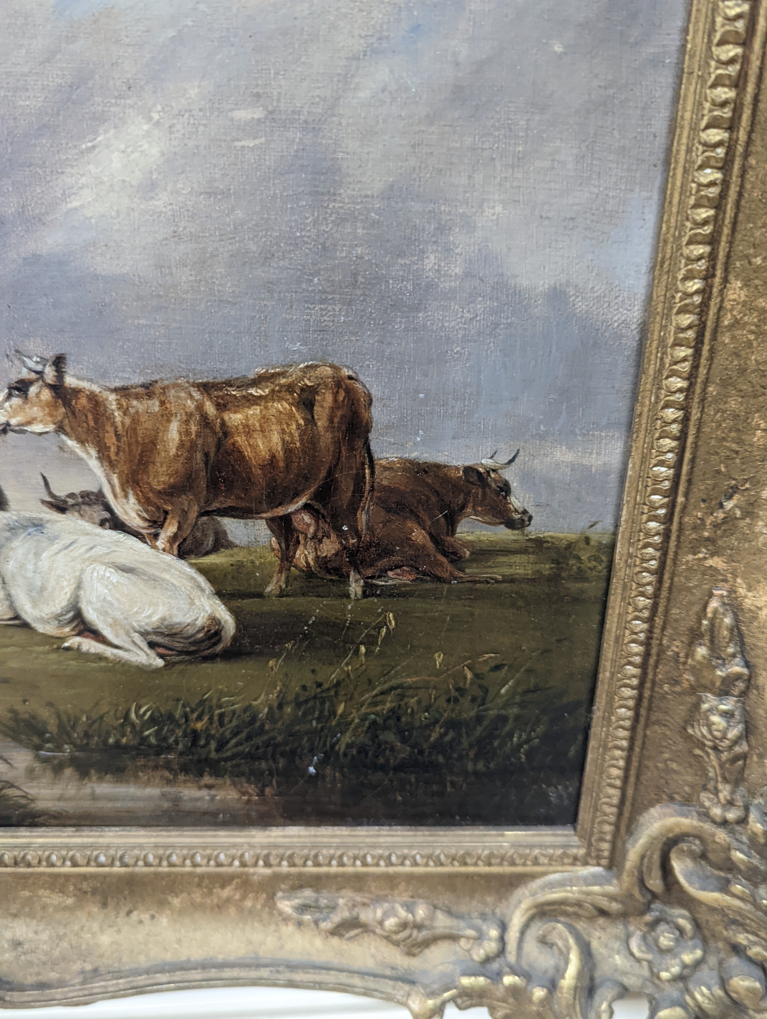 Manner of Thomas Sidney Cooper, oil on canvas, Cattle and donkey in a landscape, 28 x 37cm